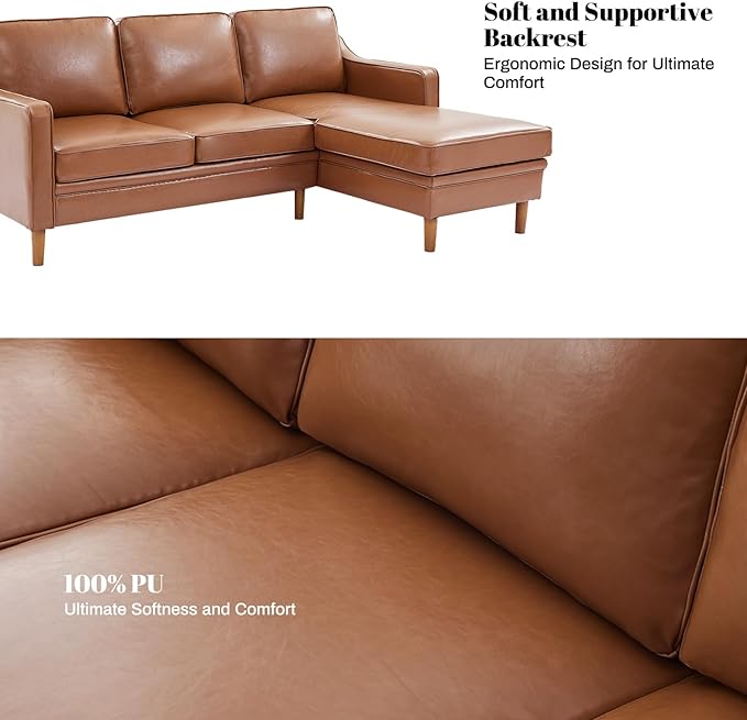 Kingfun 88" L-Shape Sofa, Faux Leather Sectional Couch, Mid Century Modern