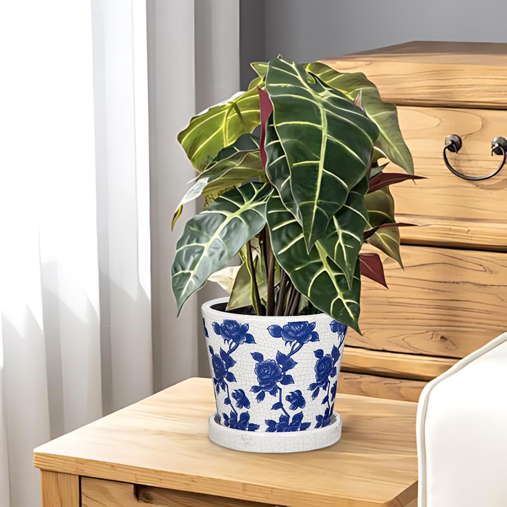 Ceramic Pot for Indoor Plants - 5.5 inch Flower Pot for Plants with Drainage Holes and Saucer Ice Crack Diamond Rose Flower Pattern Ceramic Planter for Outdoor Indoor Herb Snake Plant (Blue & White)