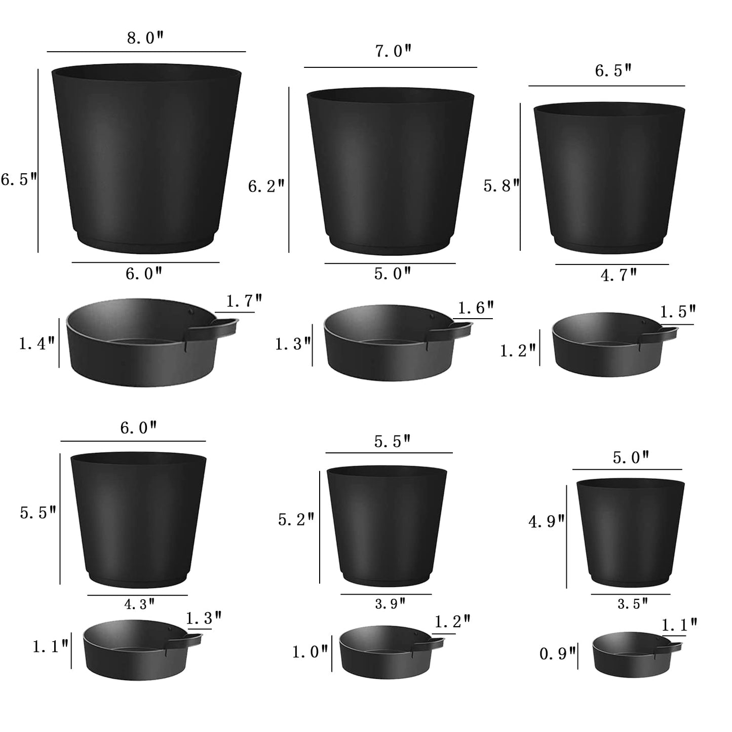Self Watering Pots for Indoor - 8/7/6.5/6/5.5/5 Inch Self Watering Planters for Indoor Plants with Deep Saucer Reservoir & Drainage Holes Plastic Flower Pots for House Plants or Flower (Black)