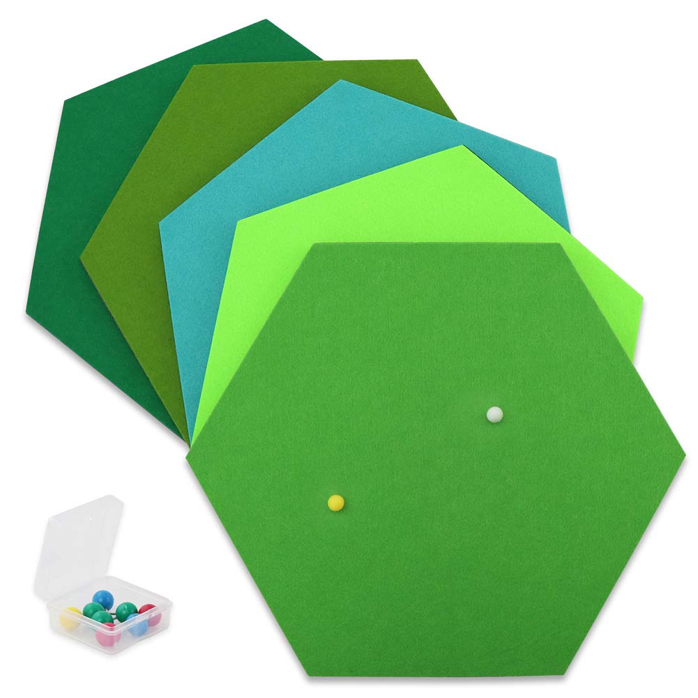 SEG Direct Hexagon Felt Cork Board Tiles, Large Hexagon Felt Bulletin Board Tiles Self Adhesive Picture Board, Memo Notice Tiles Pin Board for Walls Office, 11.8" x 10.2", 5PCS(Green Series)