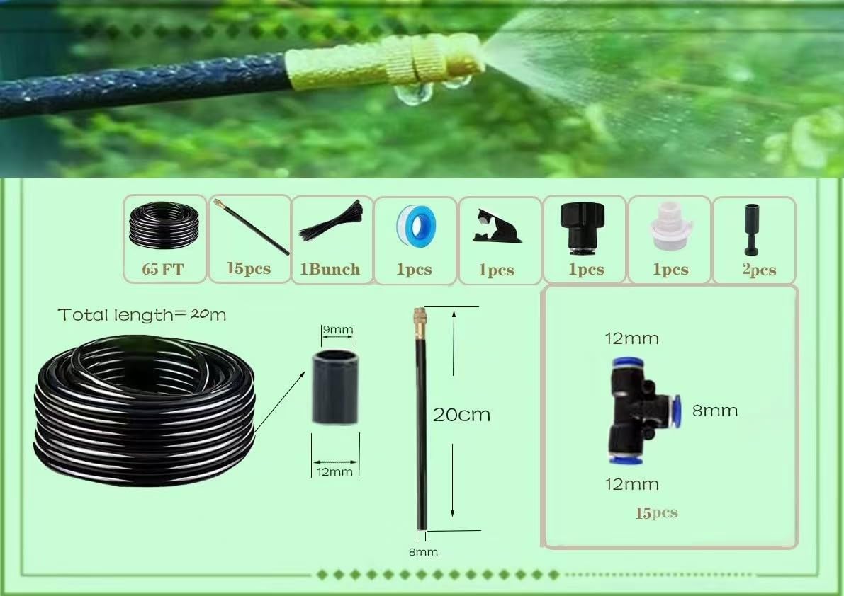 New drip Irrigation kit, Automatic Garden Watering System, Quick Connector and 360-degree Bending Dropper atomizing Copper Nozzle, Garden Plant Lawn Courtyard Watering System. (65FT)
