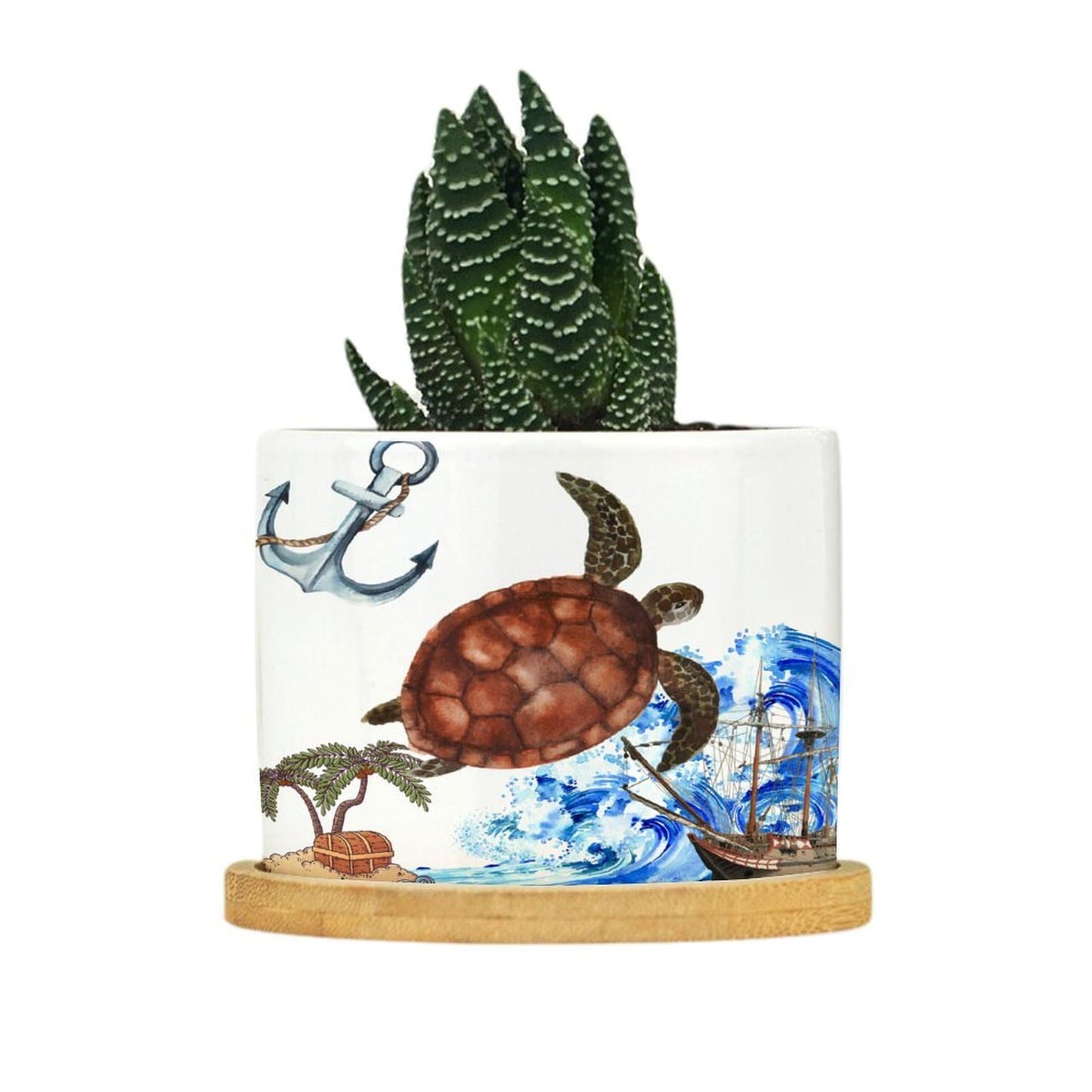 DreamAutumn Ocean Theme Sea Turtle Ceramic Pots for Plants with Drainage Holes Round Flower Pot Bamboo Tray Orchid Pot Succulents Pots for Outdoor Indoor Plants,Housewarming Gifts