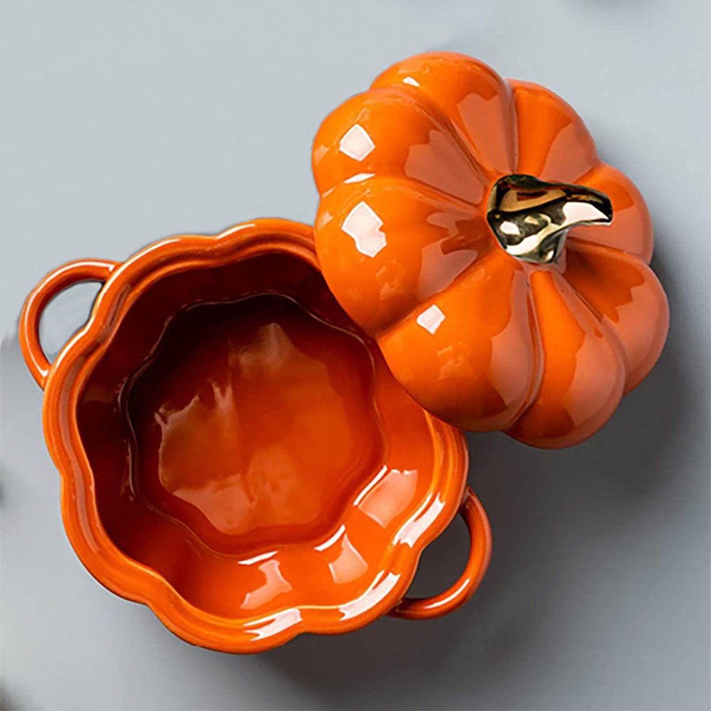 FYUEROPA Pumpkin Bowl Set with Lid and Handle, 14 Oz Ceramic Ramekins for Baking, Casserole Dish Individual Severing Pot, Stoneware, Oven Safe (Orange)