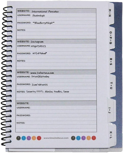 RE-FOCUS, Password Book Keeper, Small, Mini, Purple, Alphabetical Tabs, Spiral Bound, Removable Sheets, Journal Organizer, Includes Website, Address, Username, Password