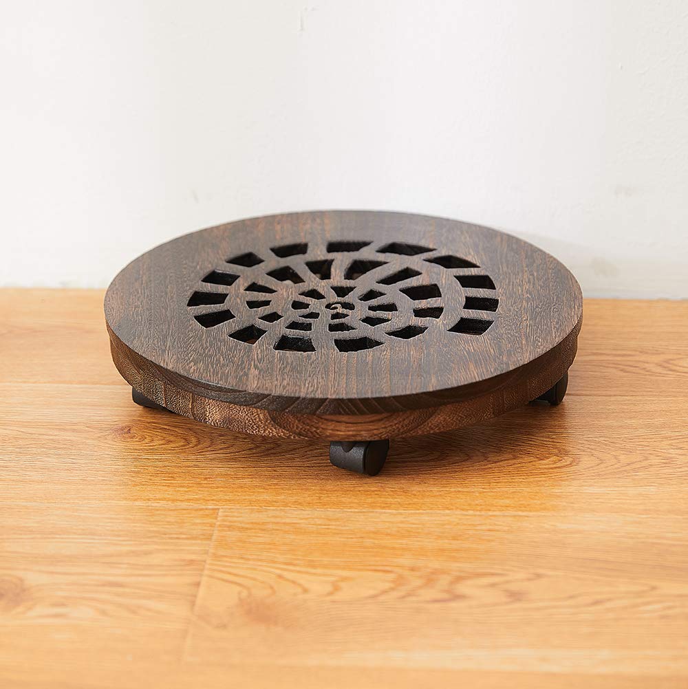 SINOBEST Wood Plant Caddy, Heavy Duty Rolling Planter Dolly With Rotating Casters, Movable Flower Pot Stand, Round Plant Stand With Lockable Wheels, Heavy Objects Hauling (12 Inch)