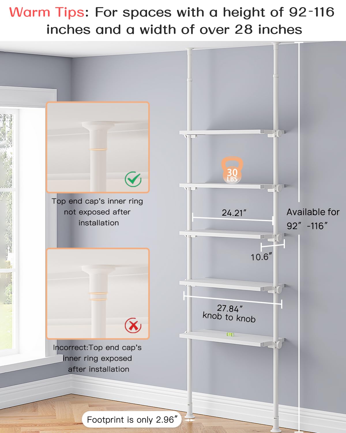 ALLZONE Adjustable Tall Narrow Bookshelf, 5-Tier Floor-to-Ceiling Tension Mount Ladder Book Shelf with Storage for Versatile Uses, Fits 92-116 Inch Ceilings, 27.84-Inch Wide Wood Shelves, White