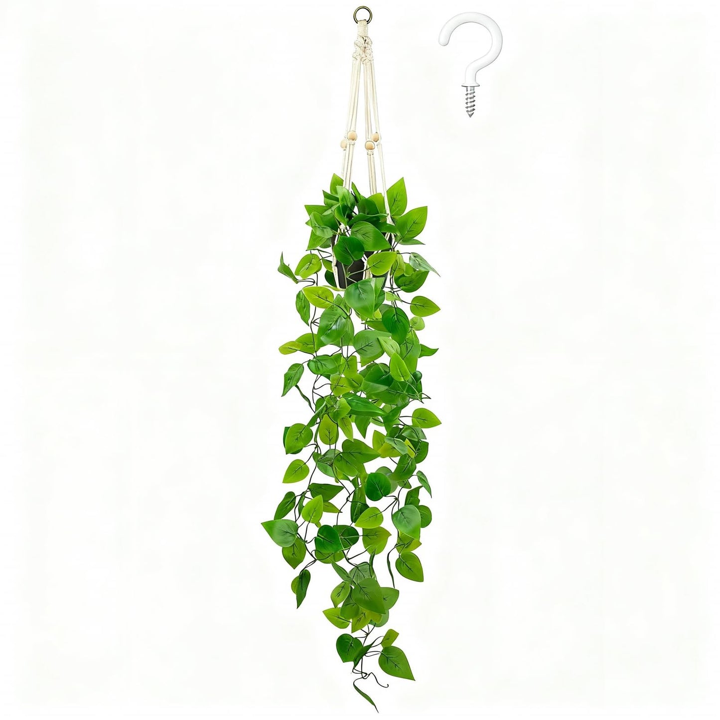 LUZOGA Fake Pothos in Rope - Hanging Pot, Artificial Pothos Plants for Home Decor Indoor Macrame Plant Hanger with Faux Vine Hanging Planter Greenery for Bedroom Bathroom Kitchen Office Decor