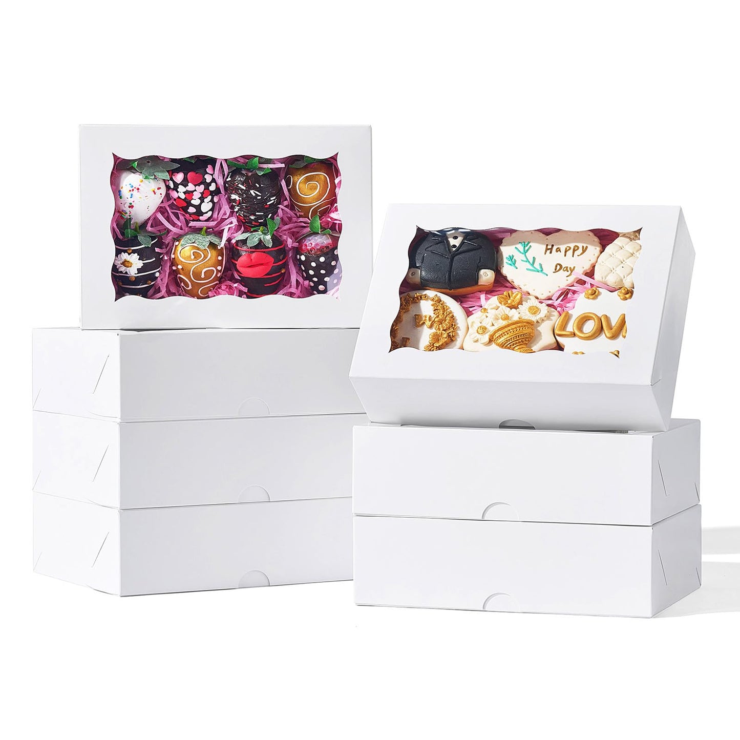 RomanticBaking 8x5x2 Inch 51PCS Bakery Boxes with Window for Cookies, Chocolate Covered Strawberries,Cakesickle, Chocolate Truffle Boxes Pretzel Box & Party Favors Packing
