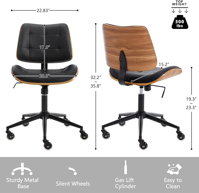 Home Office Desk Chair with Wheels, Adjustable Height Armless Office Chair