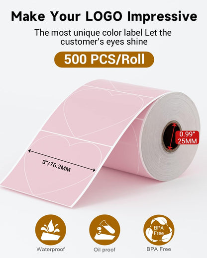 Phomemo 3" Pink Thermal Labels for Shipping Label Printer - Cute Label for Small Business Supplies - 500 Pink Labels/Roll, Cute Heart Stickers Roll for Custom Stickers Personalized & Business