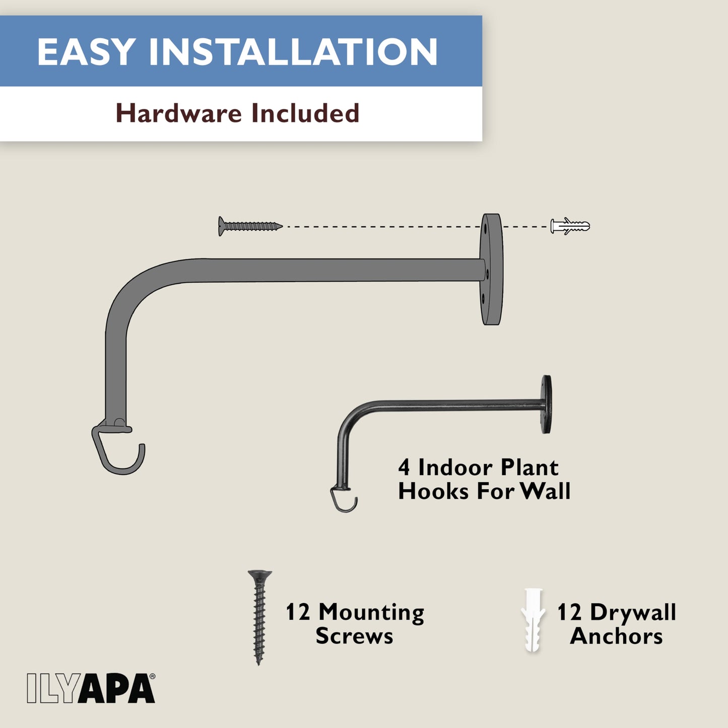 Ilyapa 4 Pack Metal Plant Wall Hanger Hooks - 7 in. Hook for Hanging, Baskets, and Macrame, Indoor Hangers in Matte Black Finish, Wall Planters