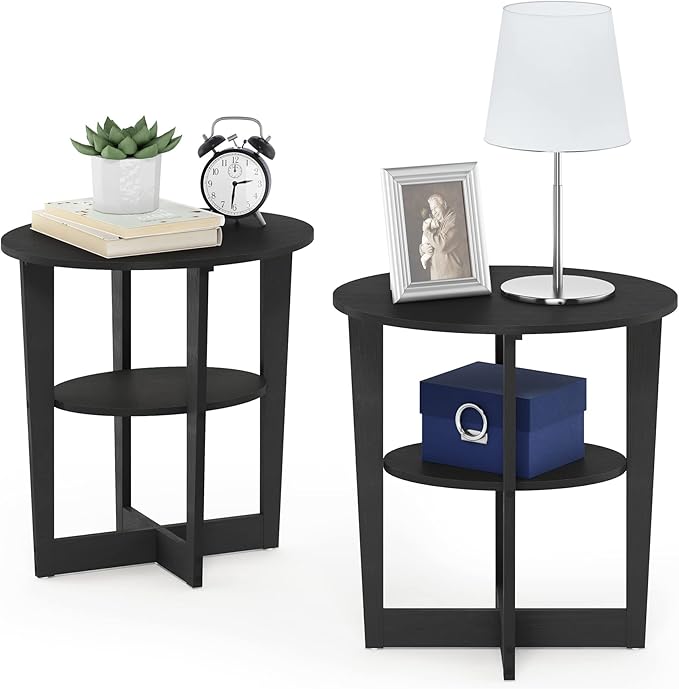 Furinno JAYA Side Table Set of 2, 2-Tier Round Modern End Table