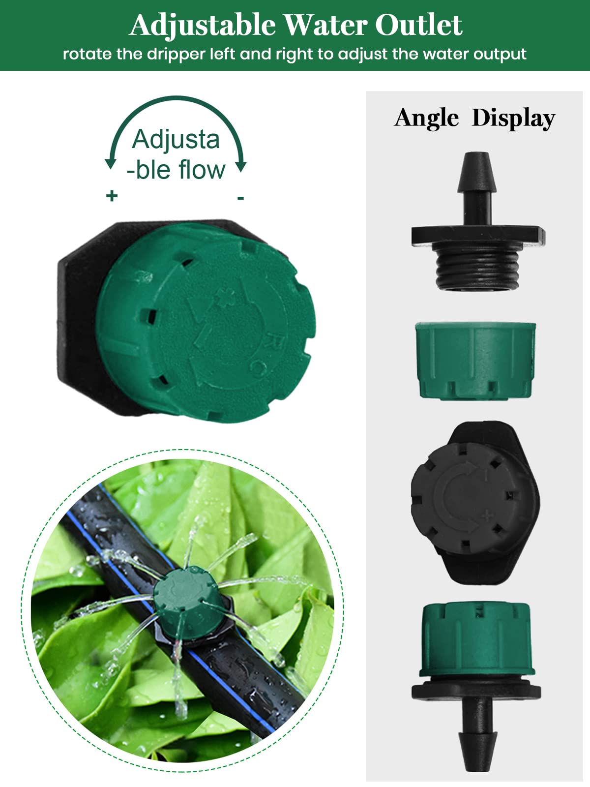 Kalolary 200Pcs Adjustable Irrigation Drippers, 1/4 Inch Barbed Drip Emitter 360 Degree Watering Sprinklers Anti-Clogging Drippers for 4mm/7mm Garden Watering System（Dark Green）