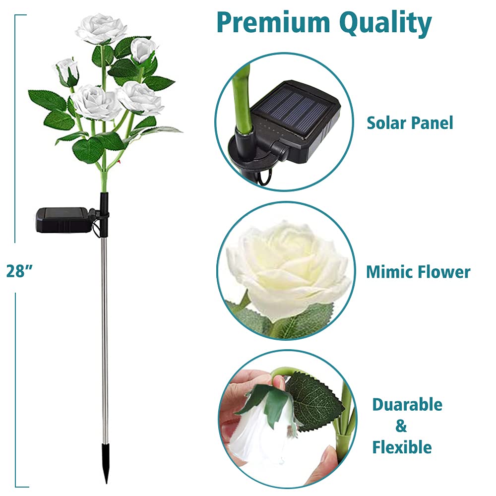 Solar Garden Stake Lights, Rose Flowers Lights LED Solar Stake Lights with 5 Roses Waterproof for Garden, Yard, Christmas Pathway, Grave Decor