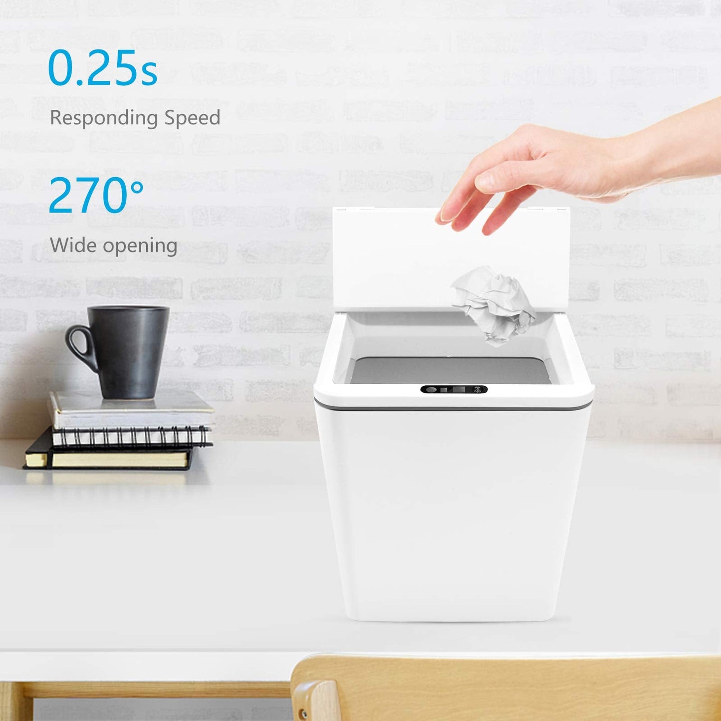 FEBHBRQ Automatic Small Countertop Trash Can, Rechargeable Mini Desktop Waste Bin with Lid for Office Desk/Bedside Table/Coffee Bar, White-1.5 Gal