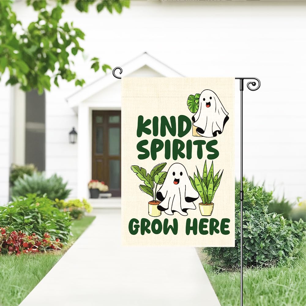 Gkodw Kind Spirits Grow Here Garden Flag, Cute Ghost Halloween Yard Sign for Outside, Funny Spirit Halloween Fall Outdoor Lawn Decor, Kindness Plant Lover Spooky Plant Mom Housewarming Gifts