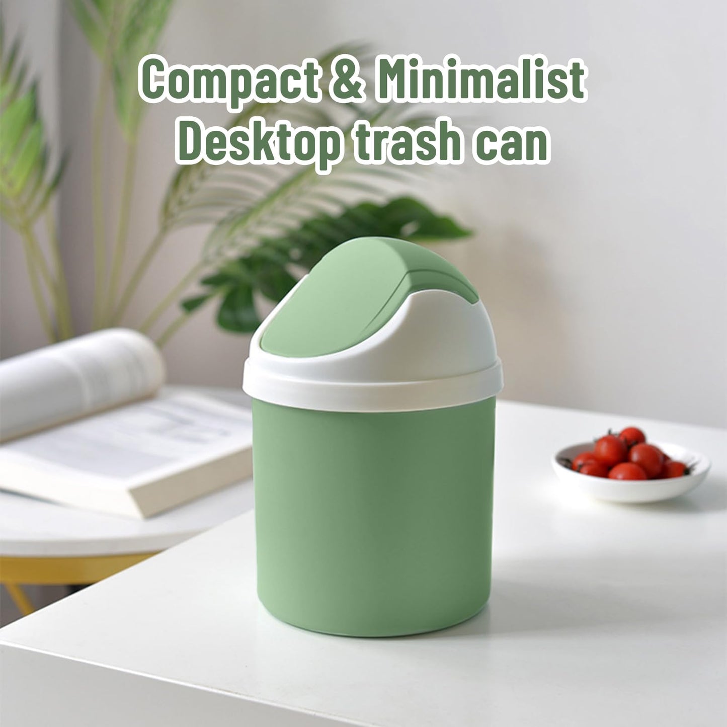 Desktop Mini Waste Can with Swing Lid, Stylish Lace Polka Dot Table Trash Bin Table Waste Paper Basket Round Small Trash Can for Office Bathroom Children Bedroom, Green