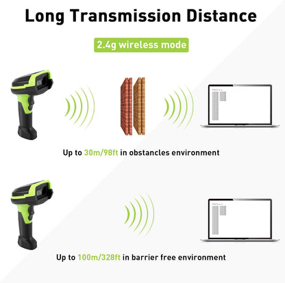 Barcode Scanner Wireless, 1D CCD Automatic Bar Code Scanner with Display Screen, Rechargeable Handhold Barcode Reader with 2.4G Receiver & USB Wired Plug and Play (Green)