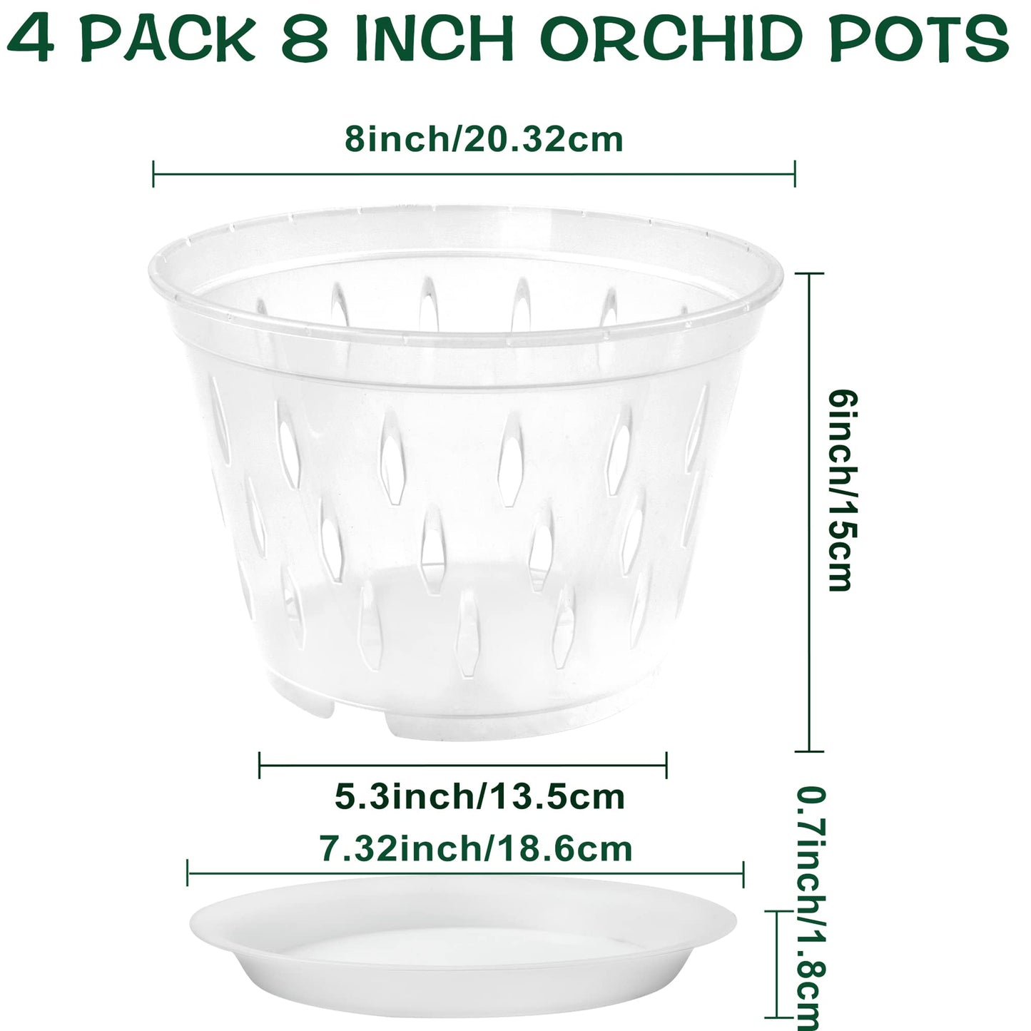 lanccona Orchid Pot, 8 Inch 4 Pack Orchid Pots with Holes and Saucers, Clear Plastic Orchid Pots