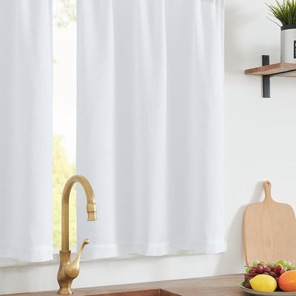 jinchan Linen Textured Tier Curtains 24 Inch for Kitchen Windows Farmhouse Cafe Curtains Small Drapes Rustic Light Filtering Half Window for Living Room Laundry Rod Pocket 2 Panels White