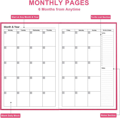 Daily & Monthly Planner for 2025 2026 or Anytime - ADHD Planner Two Pages Per Day, Daily Planner Undated to Increase Focus, Eliminate Overwhelm, Achieve Your Biggest Goals, 5.8'' × 8.3'', Pink
