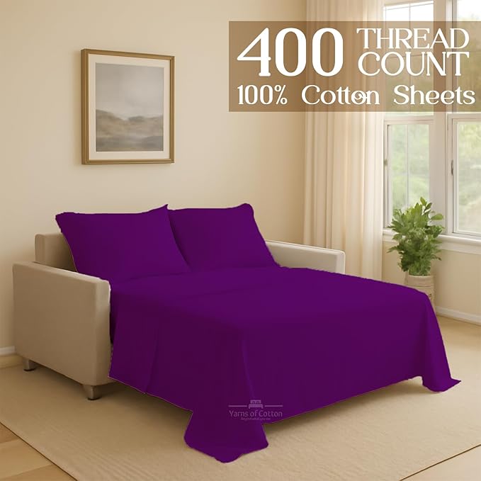 Sleeper Sofa Bed Sheet, 100% Cotton 400 Thread Count, 4 Piece Set, Deep Pocket