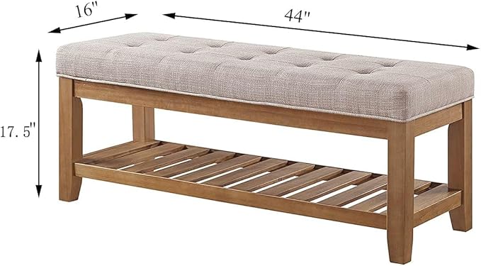 24KF Large Rectangular Upholstered Tufted Linen Fabric Ottoman Bench, Padded