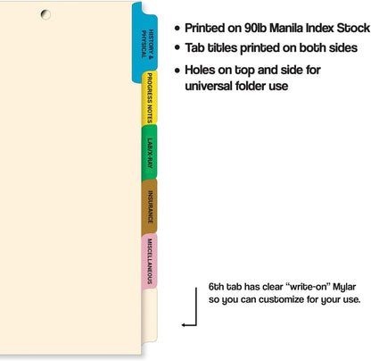 Doctor Stuff - Stock Medical Chart Dividers, 130 Sets of 6 Popular Healthcare Index Tabs, Side Tab, 9" x 11", File Folder Organizer for Nursing Patient Charts and Medical Records