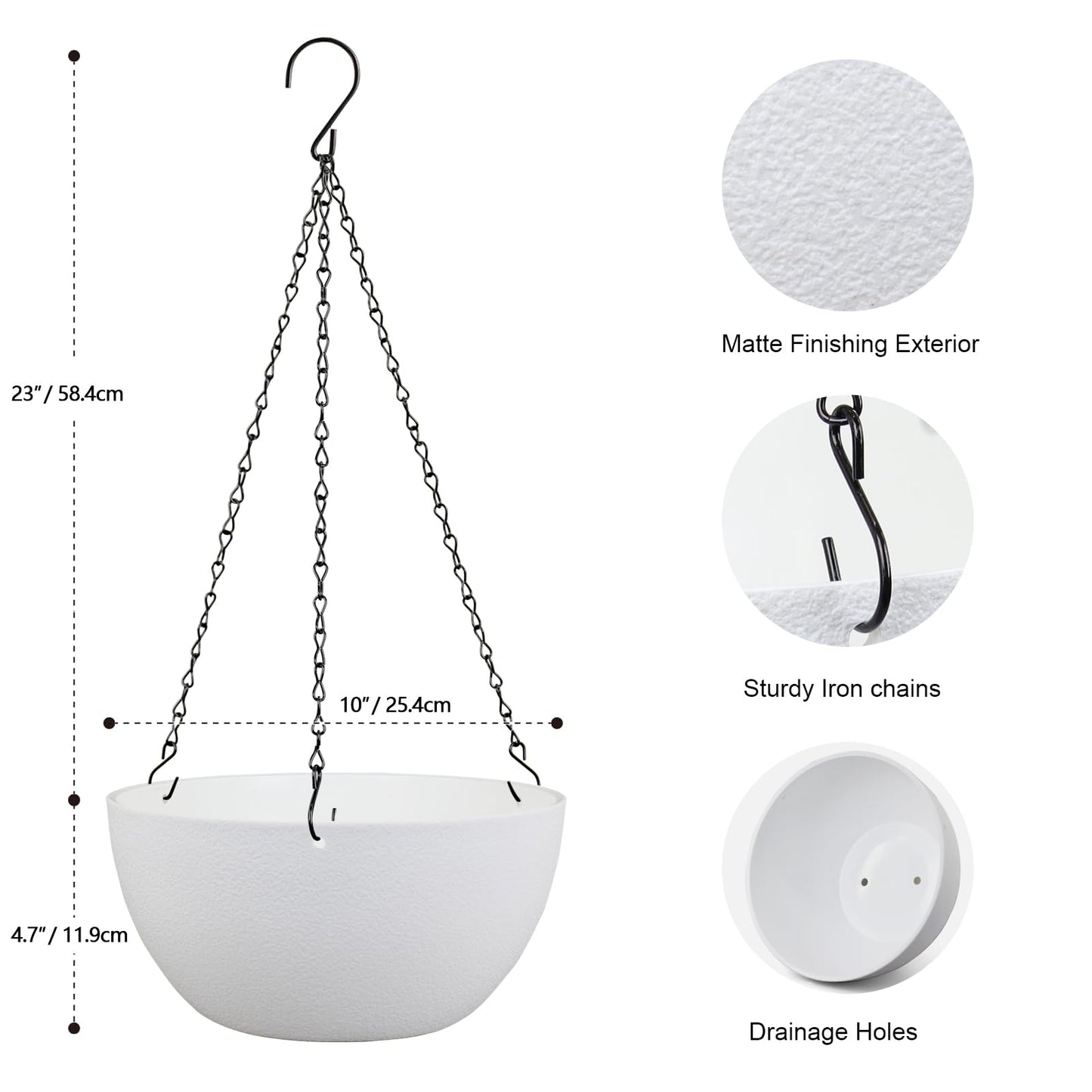 Meowell 10 inch Hanging Planters for Indoor Outdoor Plants, 2 Pack Hanging Flower Pots with Drainage Holes and Chain for Garden Balcony Porch, Round Plastic Hanging Baskets for House Plants, White