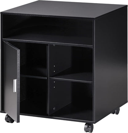 FITUEYES Printer Stand with Storage Adjustable Shelves, Wood Mobile Cart with Door, Rolling File Cabinet on Wheels for Home Office, Black, PS406001WB