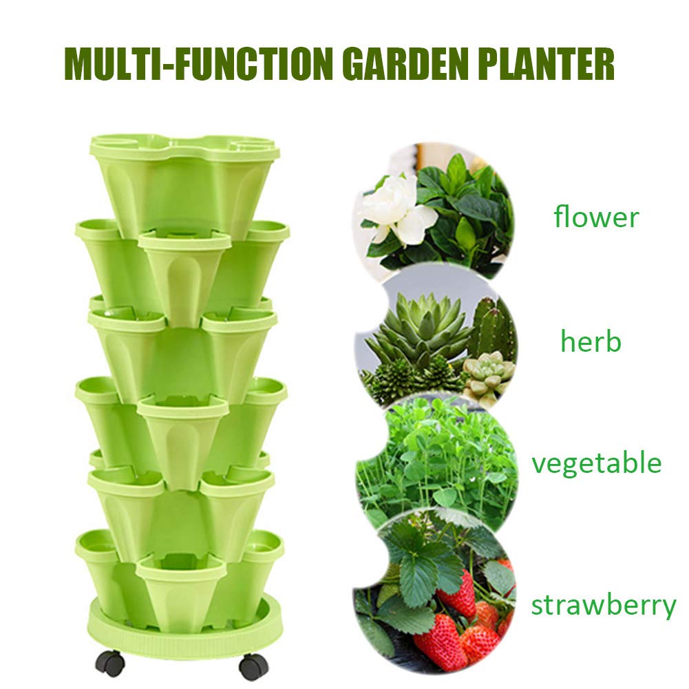 3 Tier Stackable Strawberry Planter Vertical Garden Stacking Herb Vegetable Planters with Removable Wheels Saucer, 4- Compartment Pot