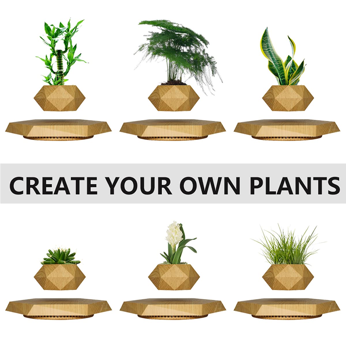 HCNT Levitating Plant Pot, Magnetic Levitation Flower Pot Rotating Planters Suspension Floating Plant Succulents Potted for Home Living Room Office Desk Decoration (Wood)
