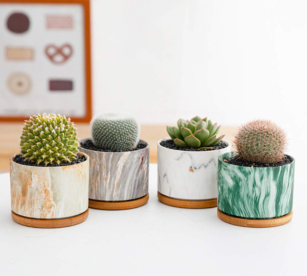 ROSE CREATE 4 pcs 4 Inches Ceramic Marbleizing Style, Big Planters with Bamboo Trays (Colorful)