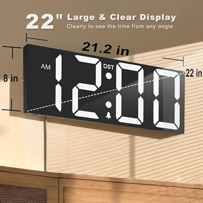 JALL 22" Large Digital Wall Clock, Big LED Display with Night Light, Auto Dimming & DST, Giant Alarm Clock for Seniors, Elderly Parents, Gift for Mom Dad (White)