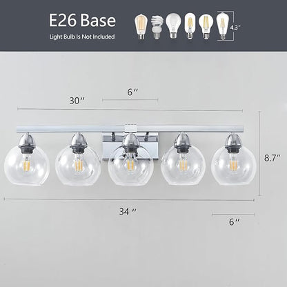 5-Light Bathroom Light Fixtures, Silver Vanity Light with Ultra-Clear Hand-Blown Glass, Durable & Elegant, Wall Lamp for Mirror, Bedroom, Kitchen