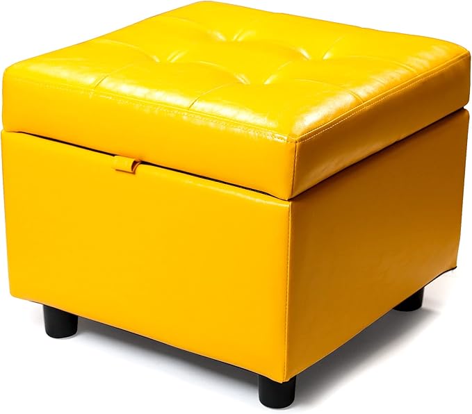 H&B Luxuries Tufted Leather Square Flip Top Storage Ottoman Cube Foot Rest