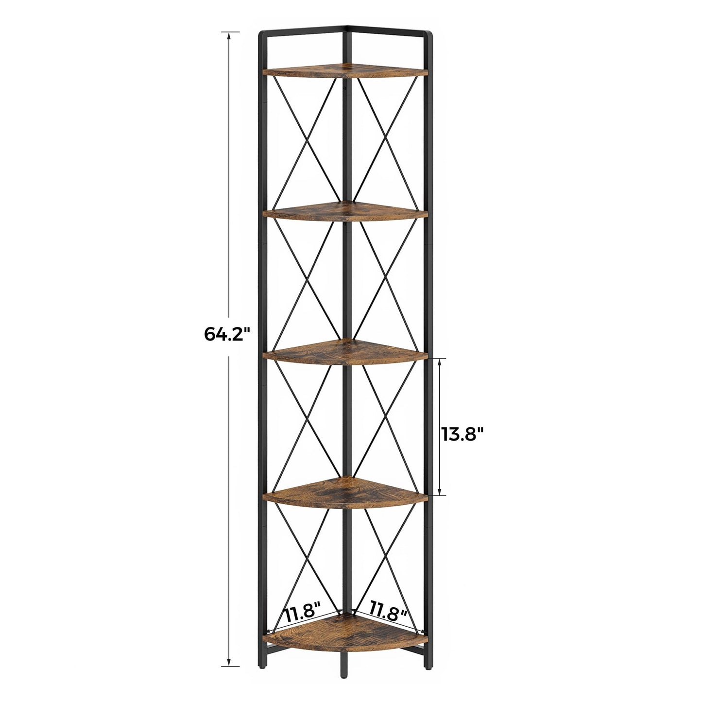 Cerlyunzan 5 Tier Corner Shelf Stand, 64" H Tall Industrial Corner Bookshelf for Living Room Decor, Metal Corner Shelf, Plant Stand Display Shelf for Bedroom, Bathroom, Small Space, Rustic Brown