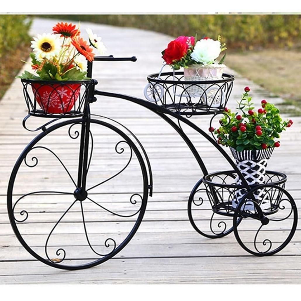 Wrought Iron Bicycle Home Garden Decor Iron Plant Stand,Plant Flower Pot Stand Flower Stand, 3 Tiered Small Bicycle Display Rack Stand Holds for Garden Patio Brown