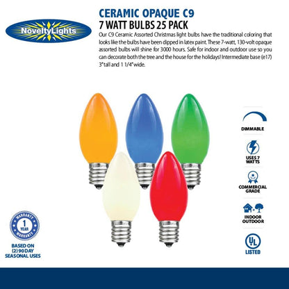 Novelty Lights 25 Pack C9 Ceramic Outdoor Christmas Replacement Bulbs, Red, E17 Intermediate Base, 7 Watt
