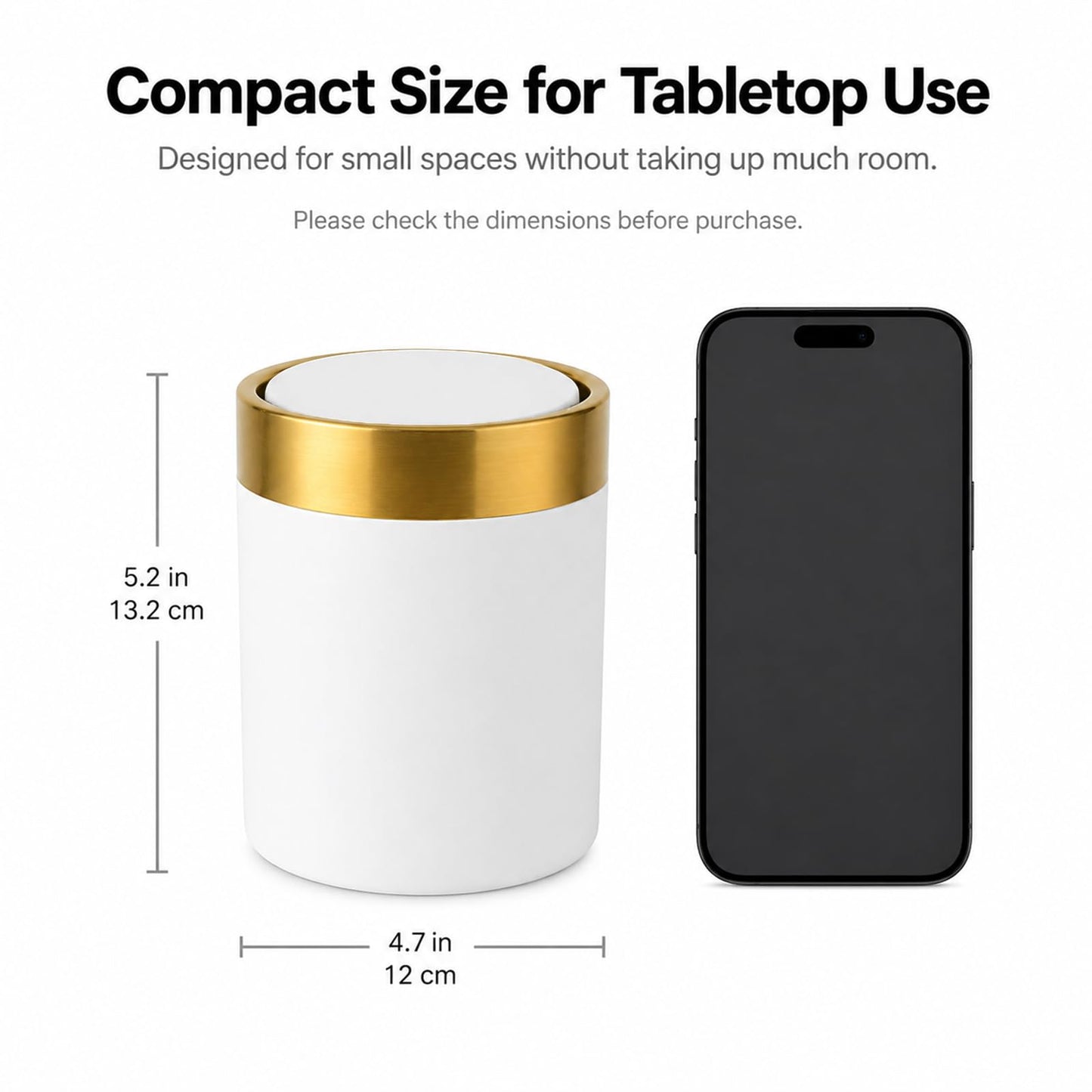 JILLICK Mini Trash Can with Lid, 1.5L / 0.4 Gal Small Metal Countertop Trash Bin with Swing Lid for Desk, Coffee Bar, Vanity, Bathroom, Office, White