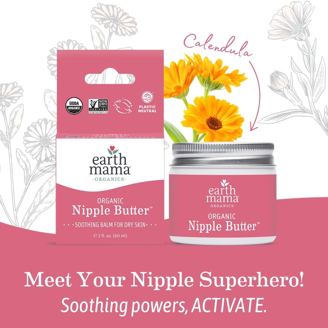 Earth Mama Organic Nipple Butter™ | Nipple Cream Safe for Breastfeeding | Postpartum Essentials for Nursing | Non Lanolin Nipple Cream, 2-Fluid Ounce