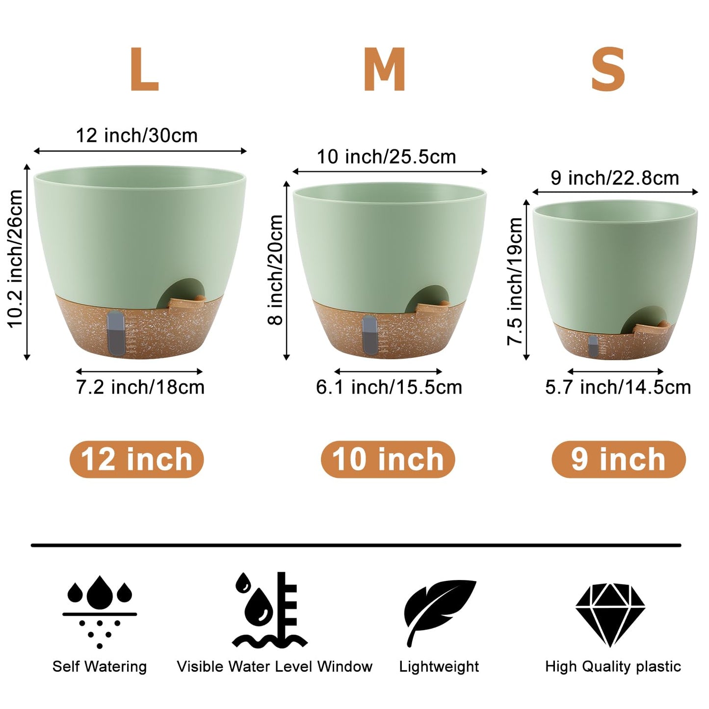 QRRICA 12/10/9 Inch Self-Watering Plant Pots with Water Level Indicator, Drainage Holes & Saucers – Large Plastic Planter Set for Indoor & Outdoor Plants (Green)
