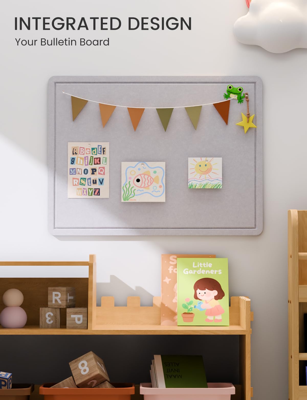 Fluxynara Bulletin Board, 23.6" x 17.5" Cork Board Alternative with 12 Safe Removable Adhesive Tabs, Foldable Felt Pin Board for Home Office, Classroom, Bedroom,Entryway for Walls—Soft Gray