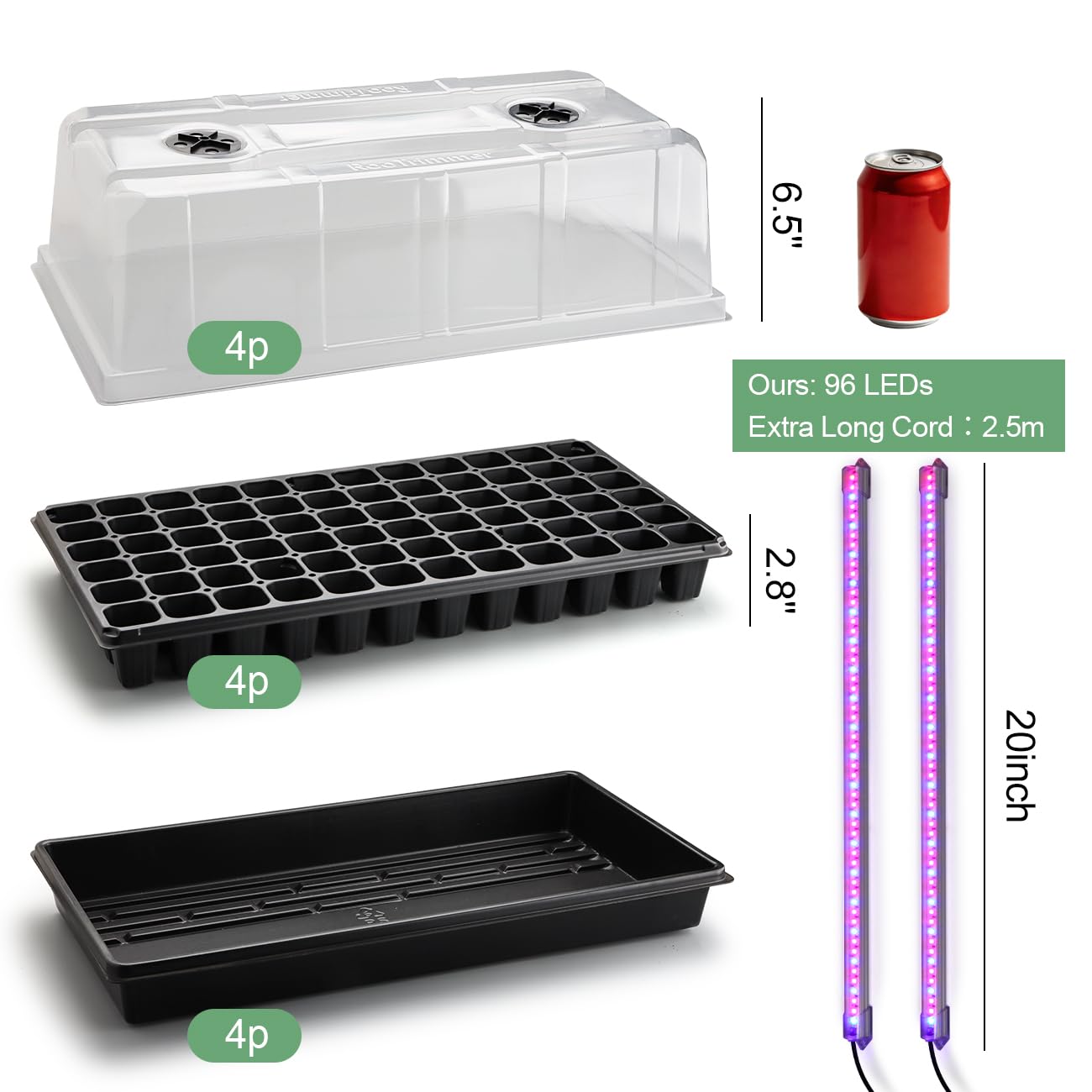 1020 Trays with Grow Light and 6.3" Humidity Dome - 4 Pack Heavy Duty Seed Trays with 72 Cell Plug Trays, Germination Kit with Timer and Dimmable LED - Reusable Plant Propagation Box for Gardening