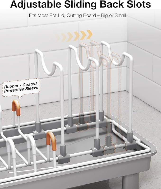 Dish Rack, Carbon Steel Small Dish Drying Rack Rustproof for Kitchen Counter, Compact Space-Saving Dish Drainer with Adjustable Slots for Small Kitchens & Apartments, 16.5×6.5×7inch, Grey