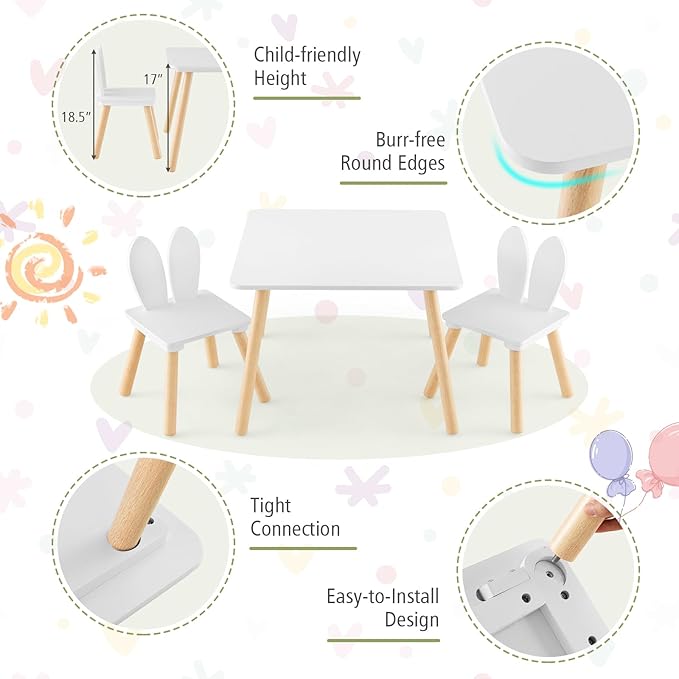 Costzon Kids Table and Chair Set, 3 Pieces Wooden Activity Table & 2 Rabbit