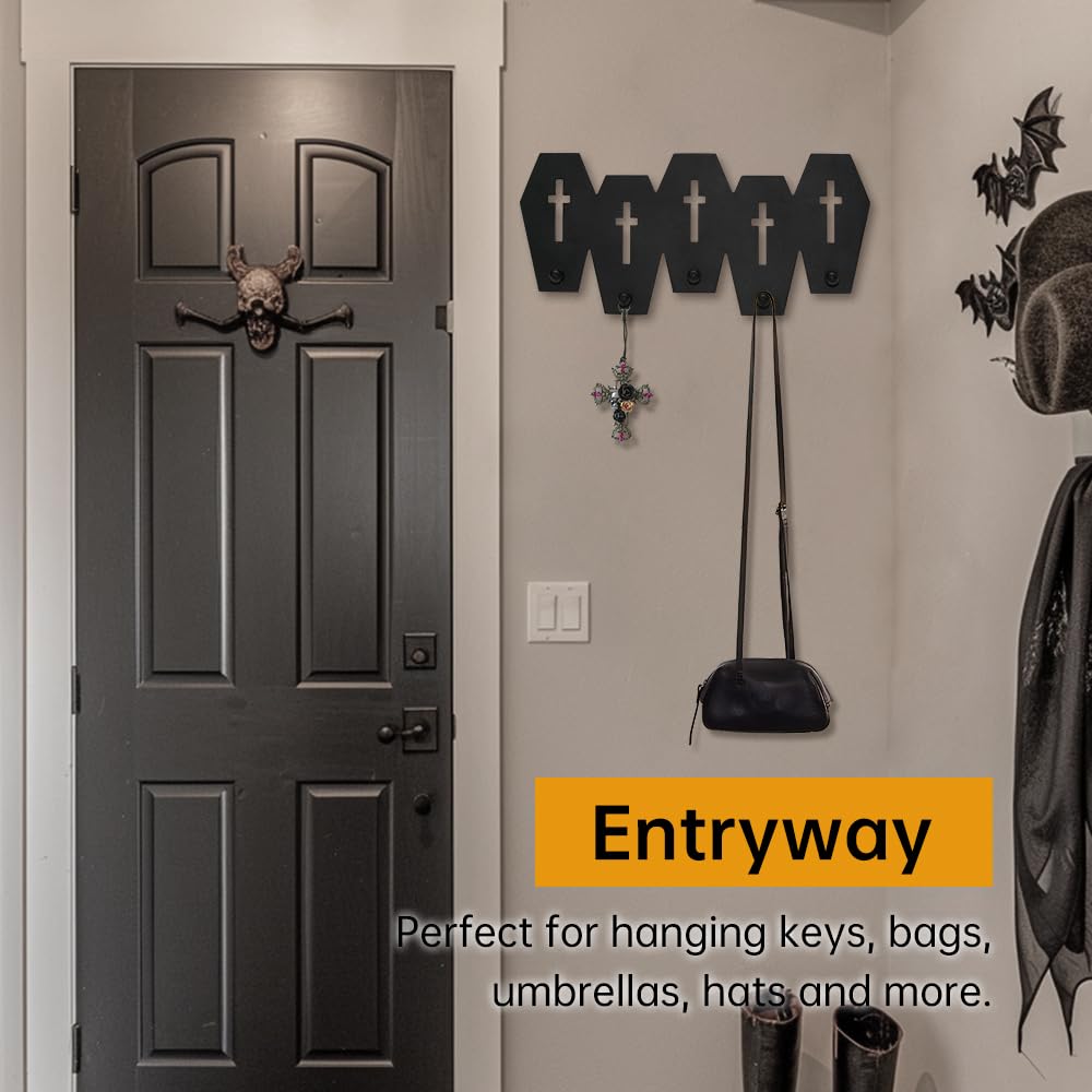 Gothvanity Gothic Coffin Coat Hooks - Heavy Duty 5-Hook Wall Rack, Wooden Black Spooky Dark Aesthetic Decor for Keys Purse Towel Clothes, Bathroom Bedroom Living Room
