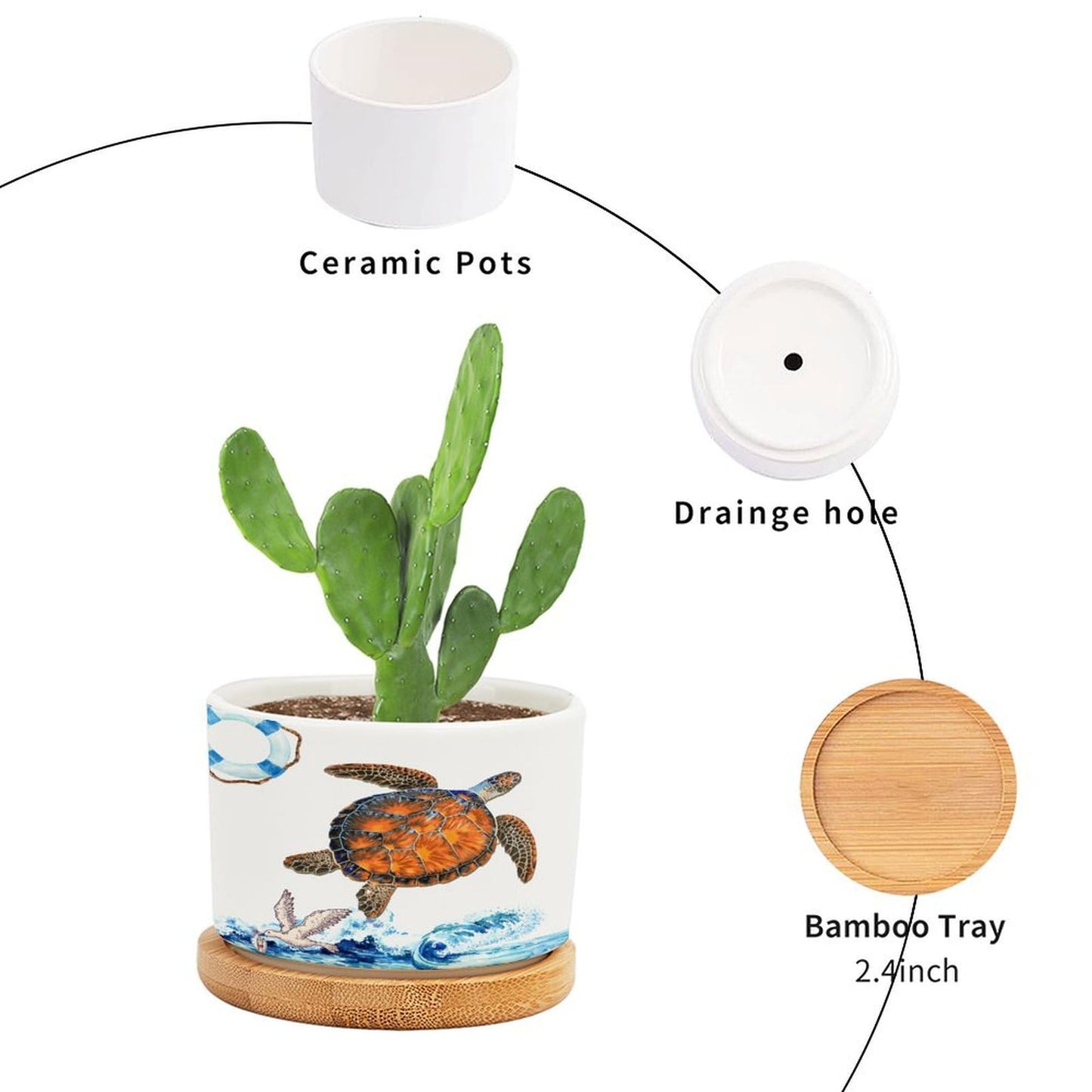 DreamAutumn Ocean Theme Sea Turtle Ceramic Pots for Plants with Drainage Holes Round Flower Pot Bamboo Tray Orchid Pot Succulents Pots for Outdoor Indoor Plants,Housewarming Gifts