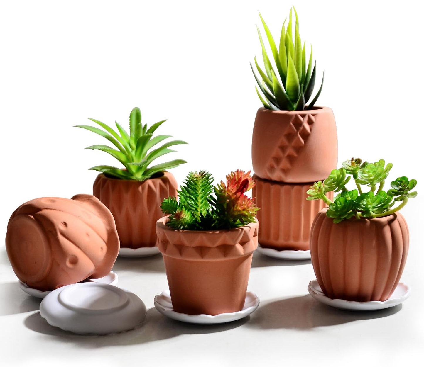 B SEPOR Ceramic Planters Handmade Mini Clay Flower Pot for Small Indoor Plant Succulent Cactus with Melamine Saucer Tray (Terracotta)