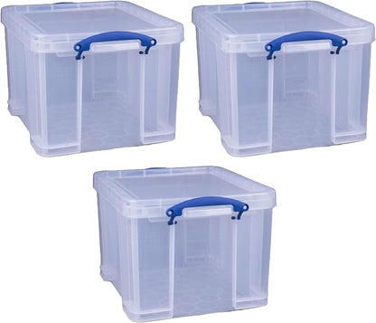 Really Useful Box 32 Liters Storage Bin Container with Snap Lid and Clip Lock Handles for Lidded Home and Office Storage Organization, 9 Pack